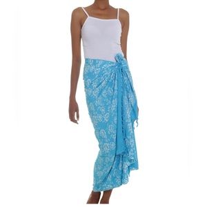 Cerulean Blue Rayon Sarong with Fringed Edges in Tropical Garden Print